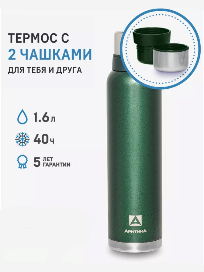 Термос с 2-мя дополнительными чашками и ситечком 1.6л (Зеленый) Термос с 2-мя дополнительными чашками и ситечком 1.6л (Зеленый)